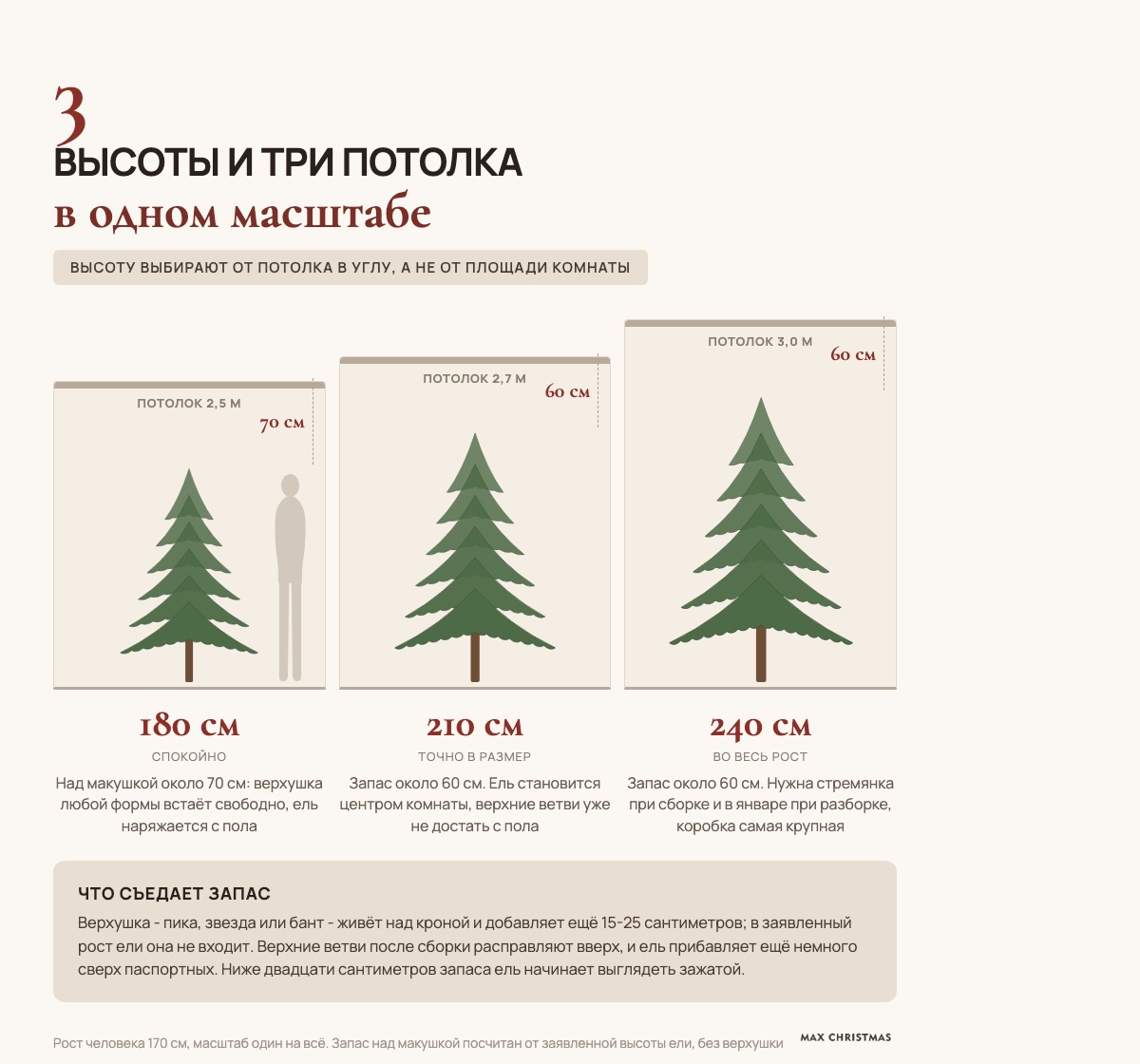 Три высоты ёлки под потолки 2,5, 2,7 и 3 метра в едином масштабе