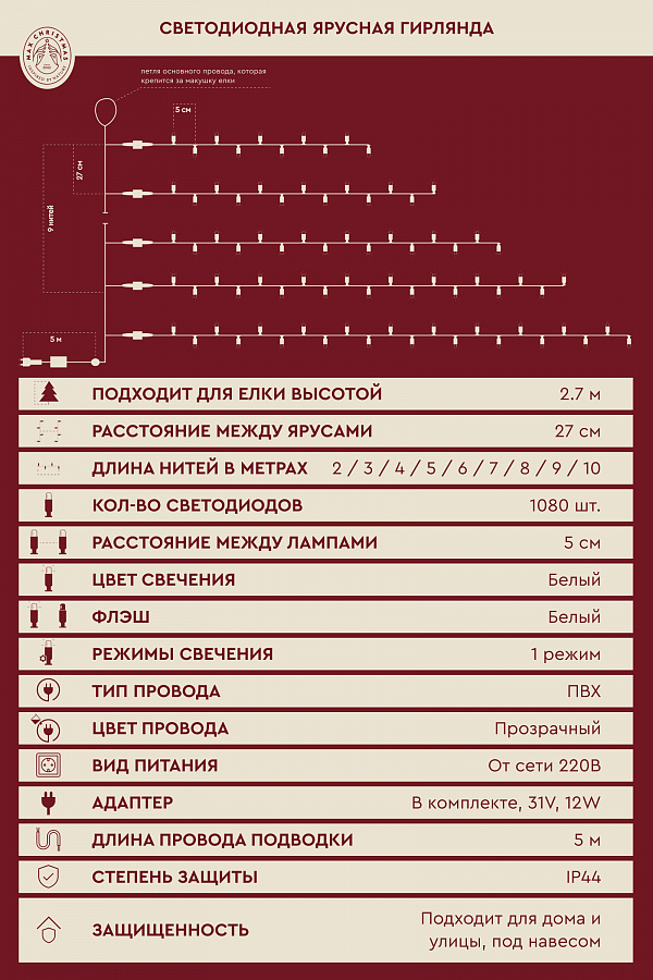Ярусная гирлянда на елку 2.7м 1080L/W/T/FW