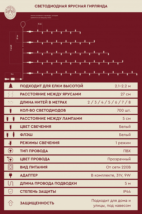 Ярусная гирлянда на елку 2.1м 700L/W/T/FW