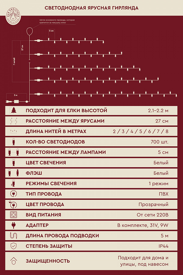 Ярусная гирлянда на елку 2.1м 700L/W/T/FW